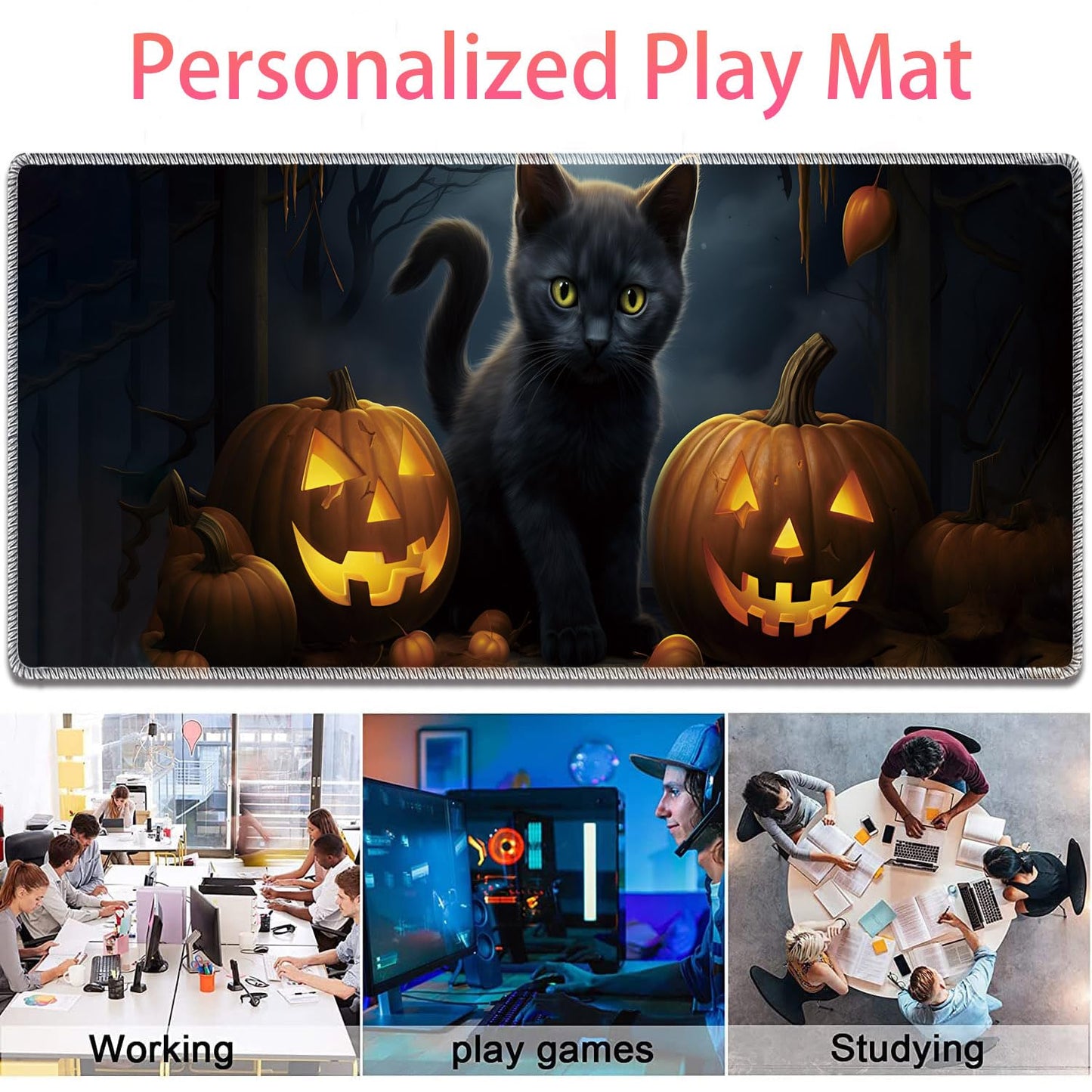 Large Gaming Mouse Pad + Mouse Wrist Rest Pad + Coaster Combination, 31.5 "x 11.8" Durable Non-Slip Extension Table Mat, Suitable for Office and Home, Halloween Black Cat