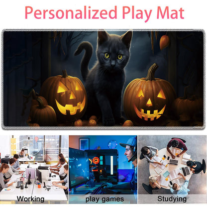 Large Gaming Mouse Pad + Mouse Wrist Rest Pad + Coaster Combination, 31.5 "x 11.8" Durable Non-Slip Extension Table Mat, Suitable for Office and Home, Halloween Black Cat