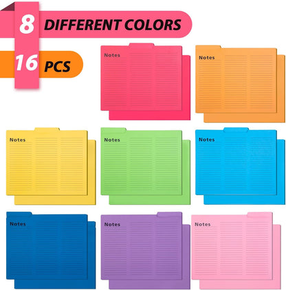 Shindel 16 Pack File Folders Letter Size, Notes Tabbed File Folders with Tabs, 9.6 x 11.5 Inch, 1/3 Cut Tabs, Manilla Letter Size Folder for Back to School, Business for Document, 8 Vibrant Colors