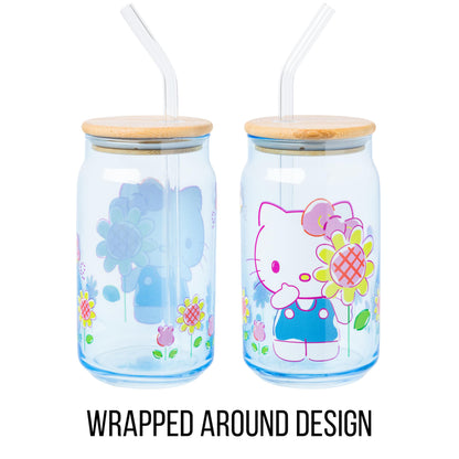 Silver Buffalo Sanrio Hello Kitty Floral Glass Tumbler with Bamboo Lid and Glass Straw, 16 Ounces