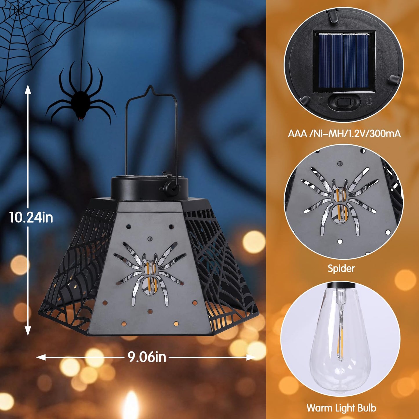 WONDER GARDEN Halloween Lantern Lights, 2 Pack Solar Hanging Spider Wed Lights, Metal Decorative Light for Outdoor Porch Yard Garden Tree Decor