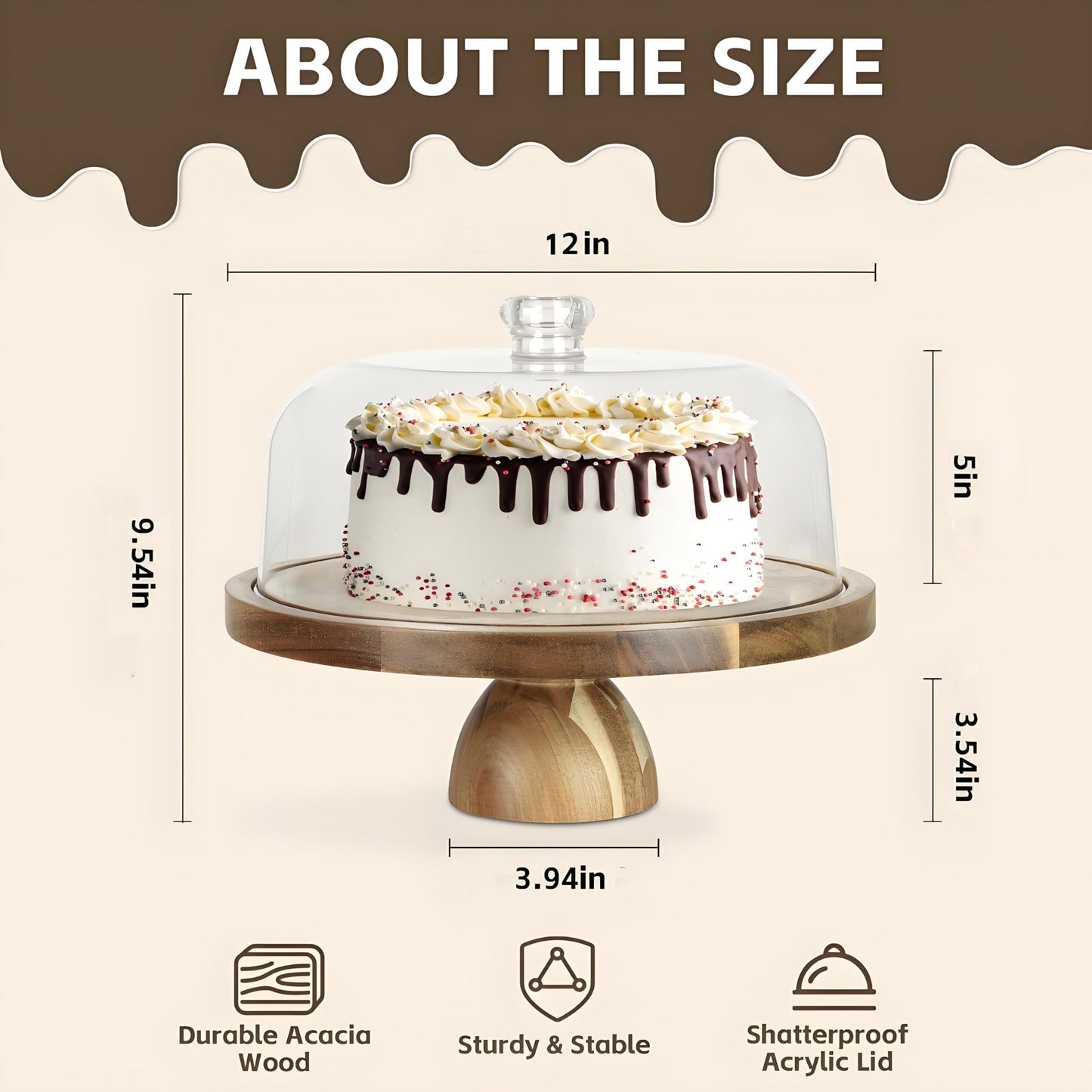 JOCHER Acacia Wood Cake Stand with Lid, 2-In-1 Cake Plate with Acrylic Lid, 12in Round Dessert Table Display Set, Raise Dome for Charcuterie Board, Cheese, Chips & Dips, Nachos, Fruit Platter (12in)