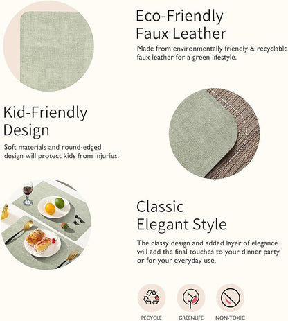 Maxpearl Faux Leather Placemats Set of 8 – Waterproof, Wipe Clean, Heat Resistant, Non-Slip Dining Table Mats for Indoor & Outdoor Use, 17”×12”, Sage Green