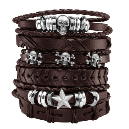 Eigso 6 Pcs Leather Bracelet Braided Wide Wristband Women Men Punk Rock Jewelry Skull