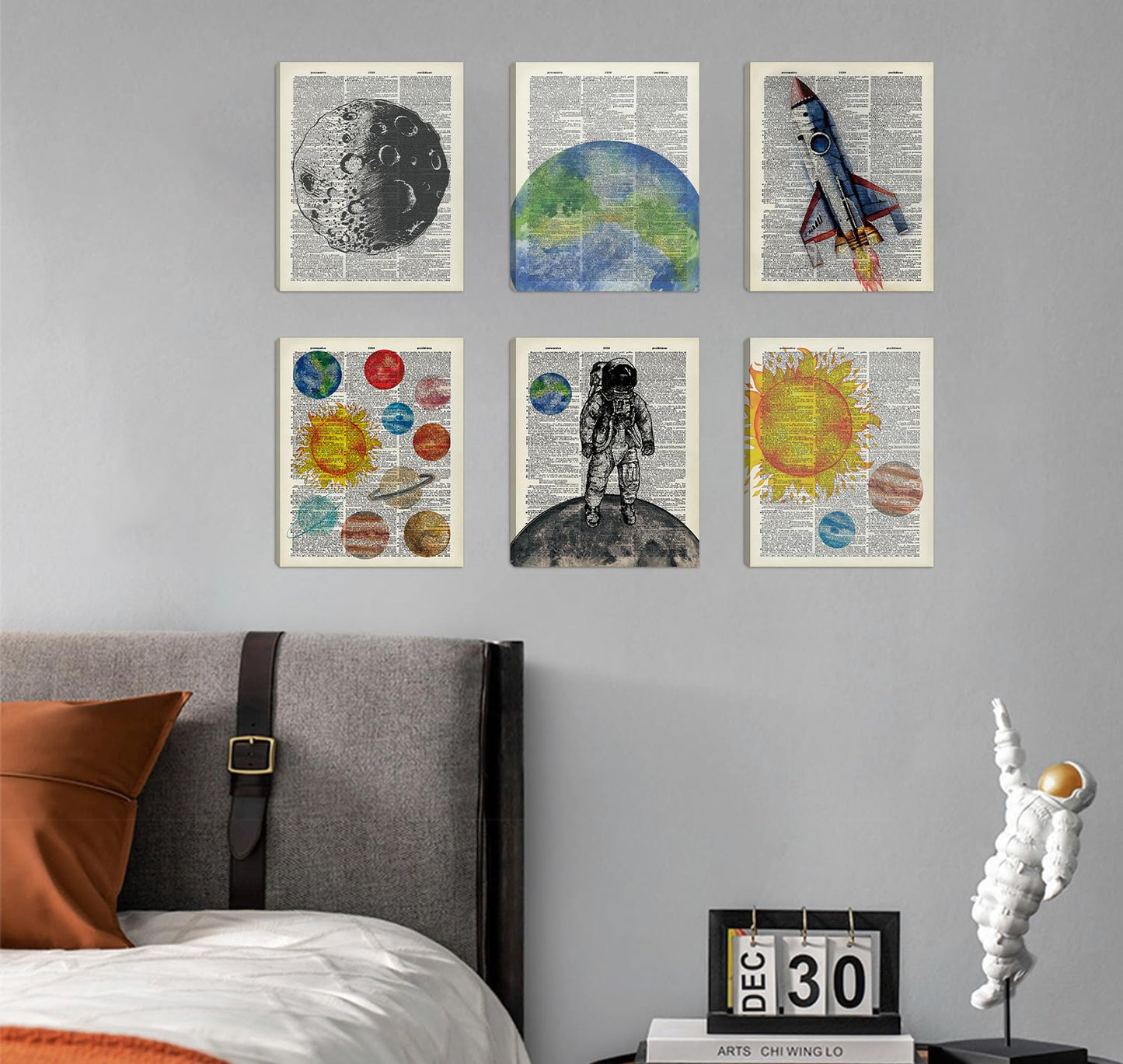 CHDITB Space Exploration Canvas Wall Art, Solar System Wall Decor, Set Of 6 Dictionary Outer Space Poster With Frame Astronaut Wall Art Universe Art Prints For Kids Room Nursery Decor (8x10 Inches)