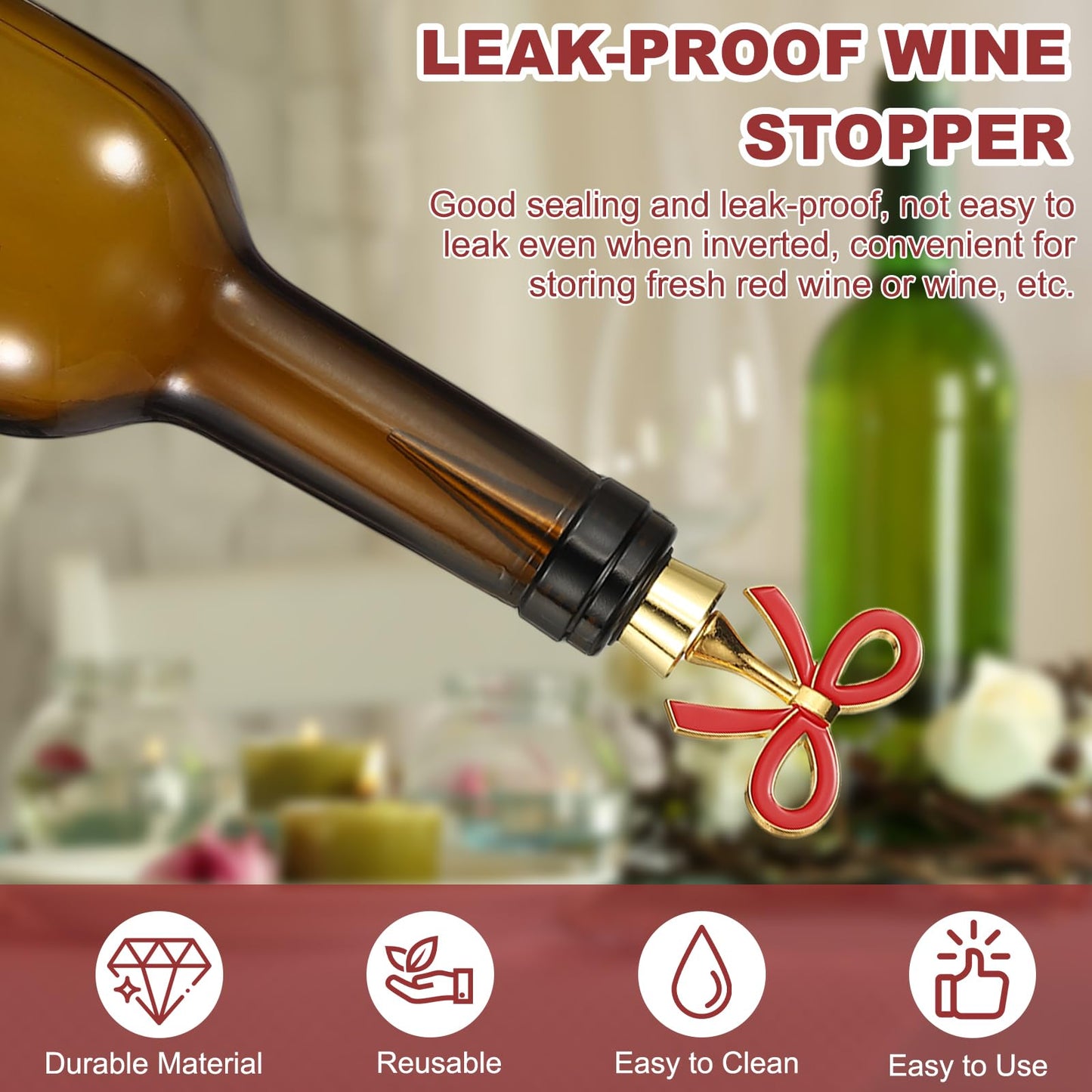 uxcell 2 Pcs Bow Wine Stopper, Reusable Wine Stoppers Airtight Leak-proof Bottle Plugs Liquor Saver Beer Beverage Glass Bottles Stopper for Bar Holiday Party Home Decor, Gold-Pink