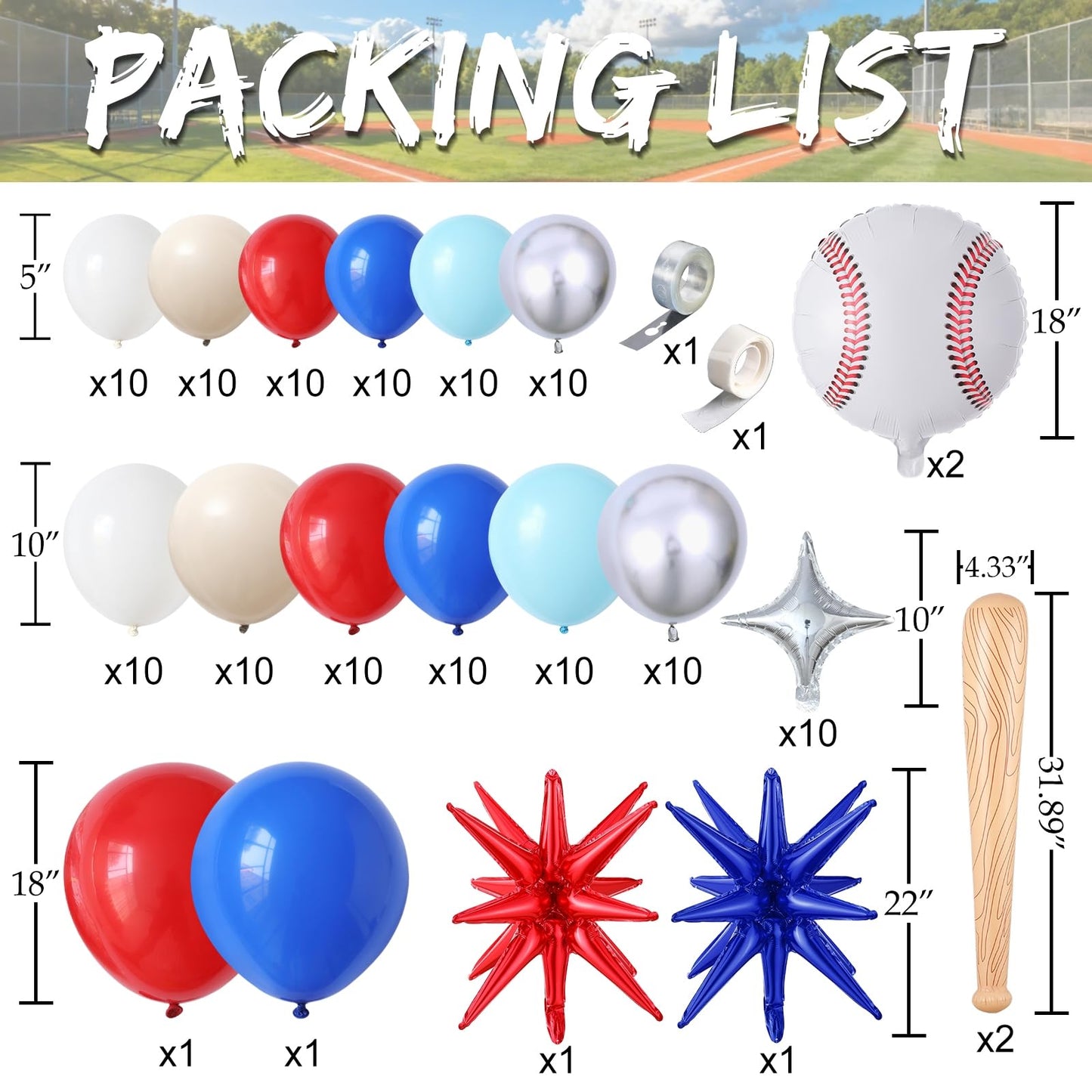 Baseball Balloon Arch Kit,134Pcs Navy Blue Red Sand White Balloon Garland with Baseball,Baseball Bat,Explosion Star Foil Balloons for Sports Theme Baby Shower Rookie Year 1st Birthday Party Decoration