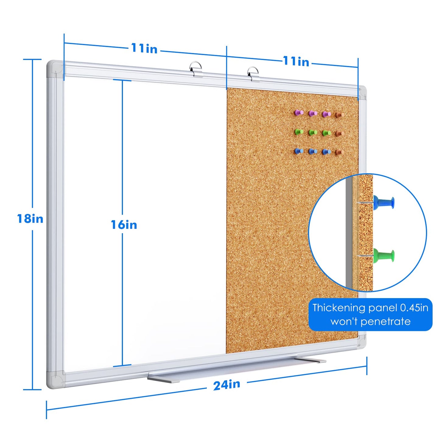 Magnetic White Board and Cork Board Combo, 24 X 18 inches Whiteboard Bulletin Combination Board, Wall Mounted Dry Erase Message Board for Home, School and Office
