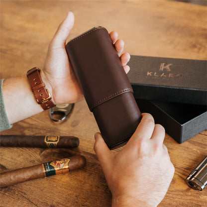 CASE ELEGANCE Premium 3 Cigar Protective Travel Case, Genuine Real Top Grain Brown Leather, Cedar Lined with Gold Metal End Caps, Gift Ready Packaging, Portable Travel Box