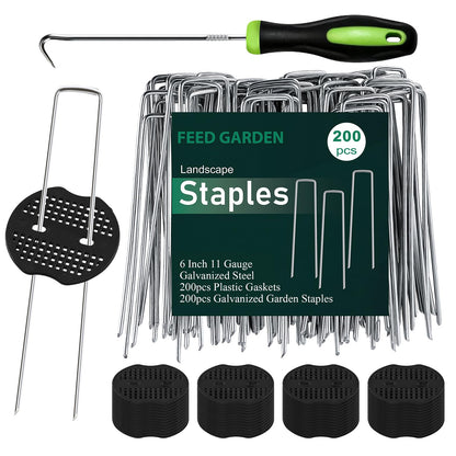 FEED GARDEN Landscape Staples 6 Inch 200 Pack Kit, Heavy Duty 11 Gauge Hot-Dip Galvanized Garden Stakes with 200 Gaskets & 1 Pick Hook for Weed Barrier, Landscape Fabric, Sod, Turf & Garden Edging