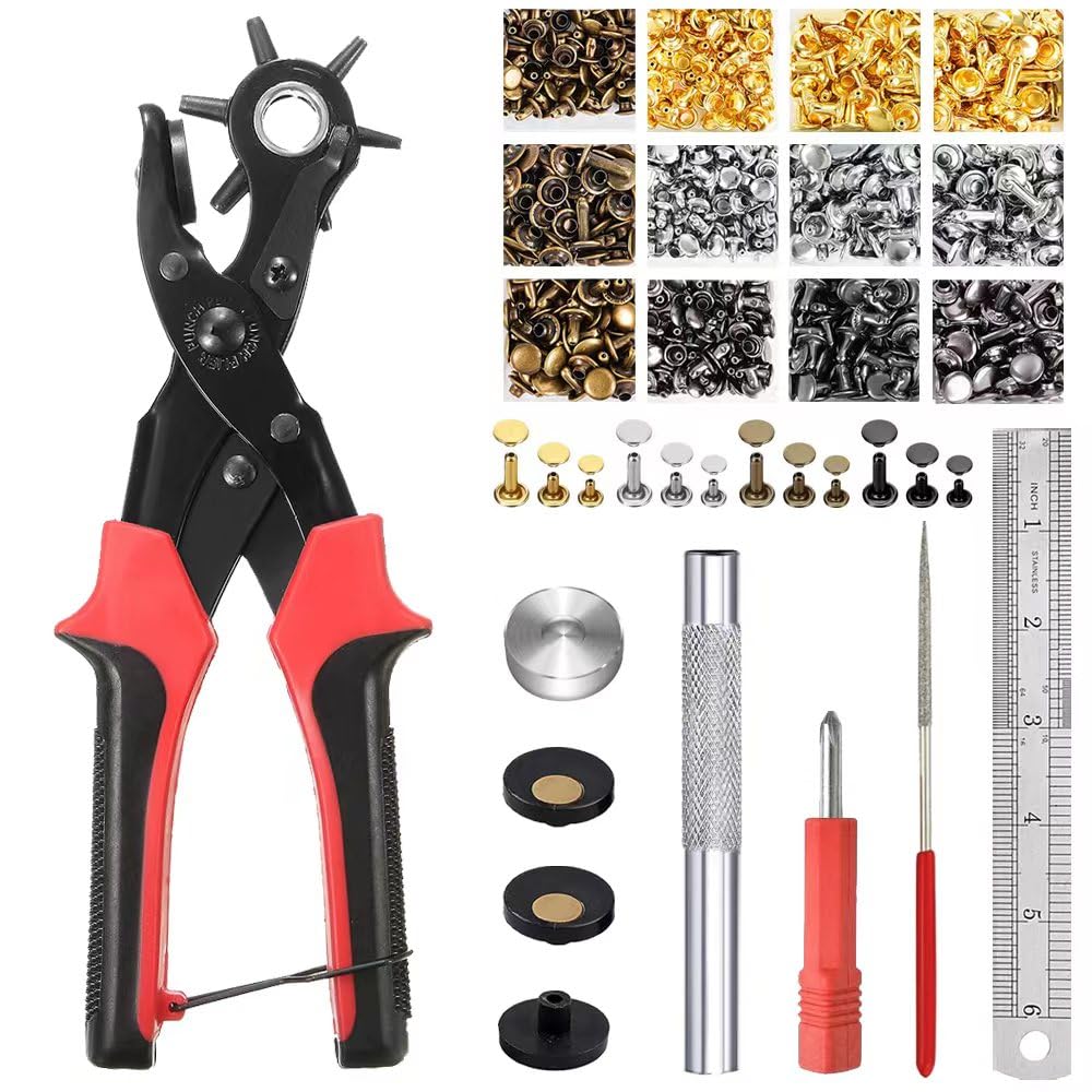 Belt Hole Puncher with 240 Sets of Leather Rivets - Updated Hole Sizes Puncher for Belt, Watch Band, Strap, Dog Collar, Saddle, Shoes, Fabric, DIY Home or Craft Project