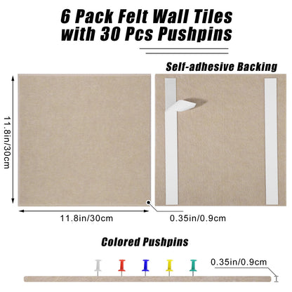 Large Cork Board 36" x 24", 6 Pack Felt Bulletin Board with 30 Pushpins, Cork Boards Alternative with Self-Adhesive Strips, Felt Wall Tiles Pin Boards for Walls Office Home School Decor-Tan