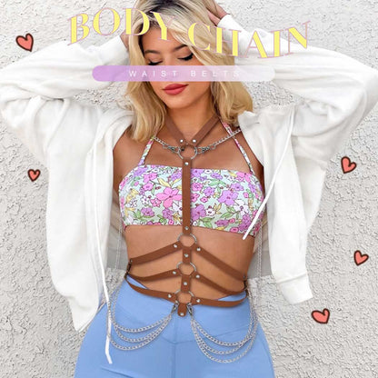 BODIY Fashion Harness Belt Plus Size Harness Waist Belts Punk Leather Body Harness for Women (Brown)