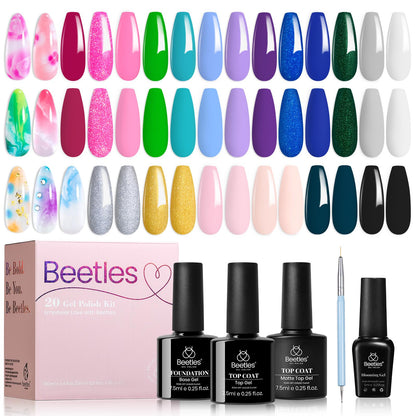 beetles Gel Polish Set - 23Pcs Macaroon Color Gel Nail Kit with Glossy Matte Top Coat Base Coat Yellow Pink White Purple Blue Glitter Bright Uv Nails Paradise Pastel Gel Halloween Gifts for Women