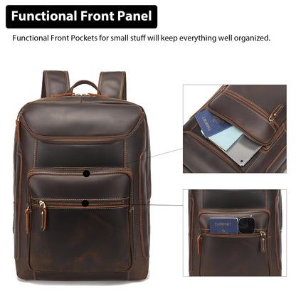LANNSYNE Full Grain Leather Backpack For Men, 17" Laptop Backpack, Casual Outdoor Business Travel Rucksack, YKK Zippers