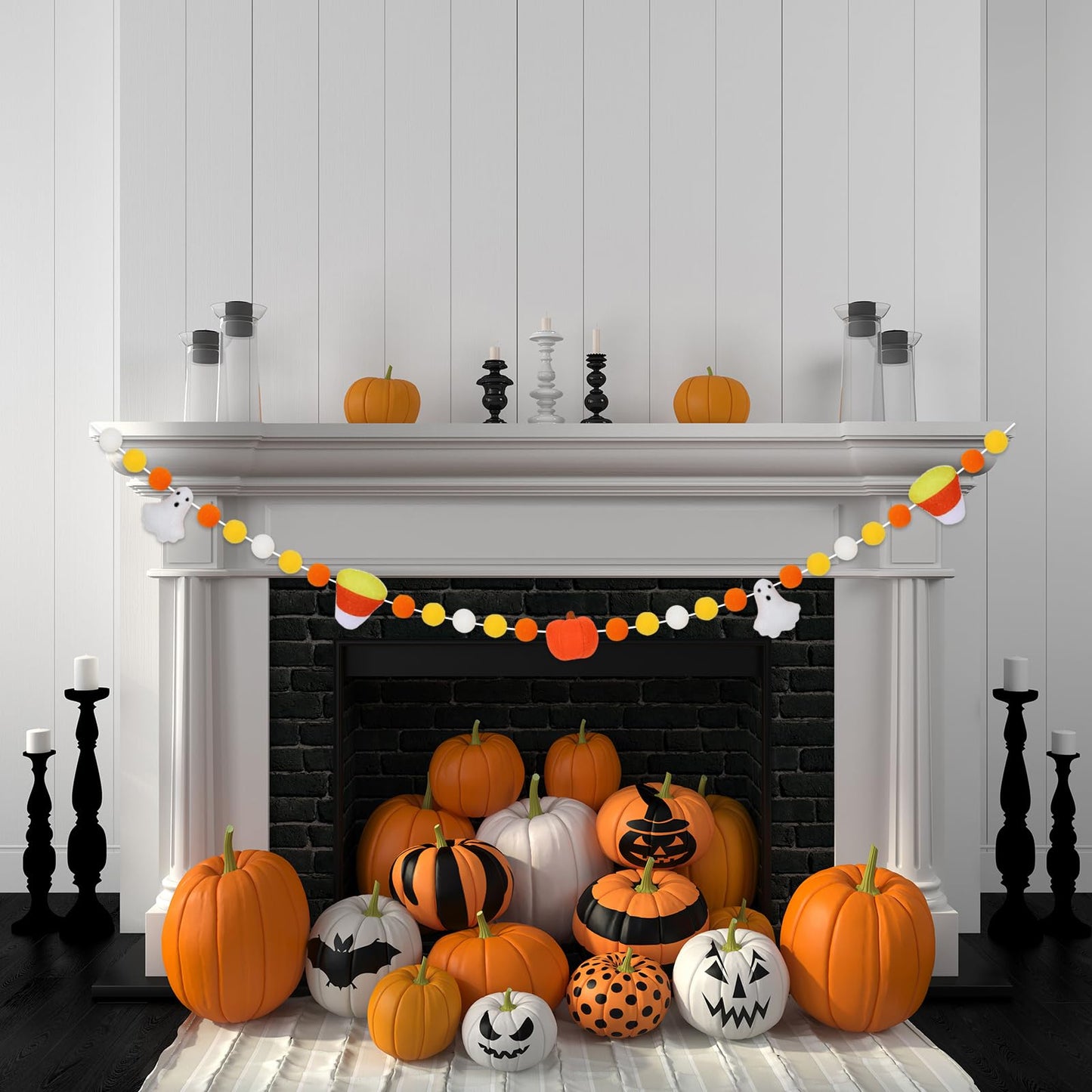Whaline Halloween Felt Ball Banner Candy Corn Ghost Pumpkin Hanging Banner 3D Yellow White Pom Pom Garland for Halloween Party Supplies Fireplace Wall Home Decoration