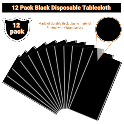 MRJ 12 Pack Black Plastic Tablecloths 54 x 108 Inch Disposable Rectangle Table Covers for Parties, Halloween and Birthdays Waterproof Bulk Table Cloths