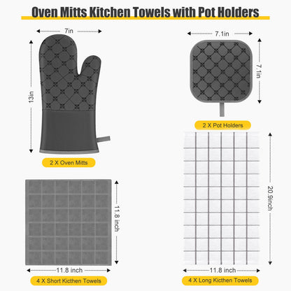 Oven Mitts Kitchen Towels Dishcloths with Pot Holders Sets 12PCS, Dish Towels Sets, Oven Gloves Pot Pads Heat Resistant 500 Degrees with Non-Slip Silicone Surface for Cooking Baking Grilling-Grey