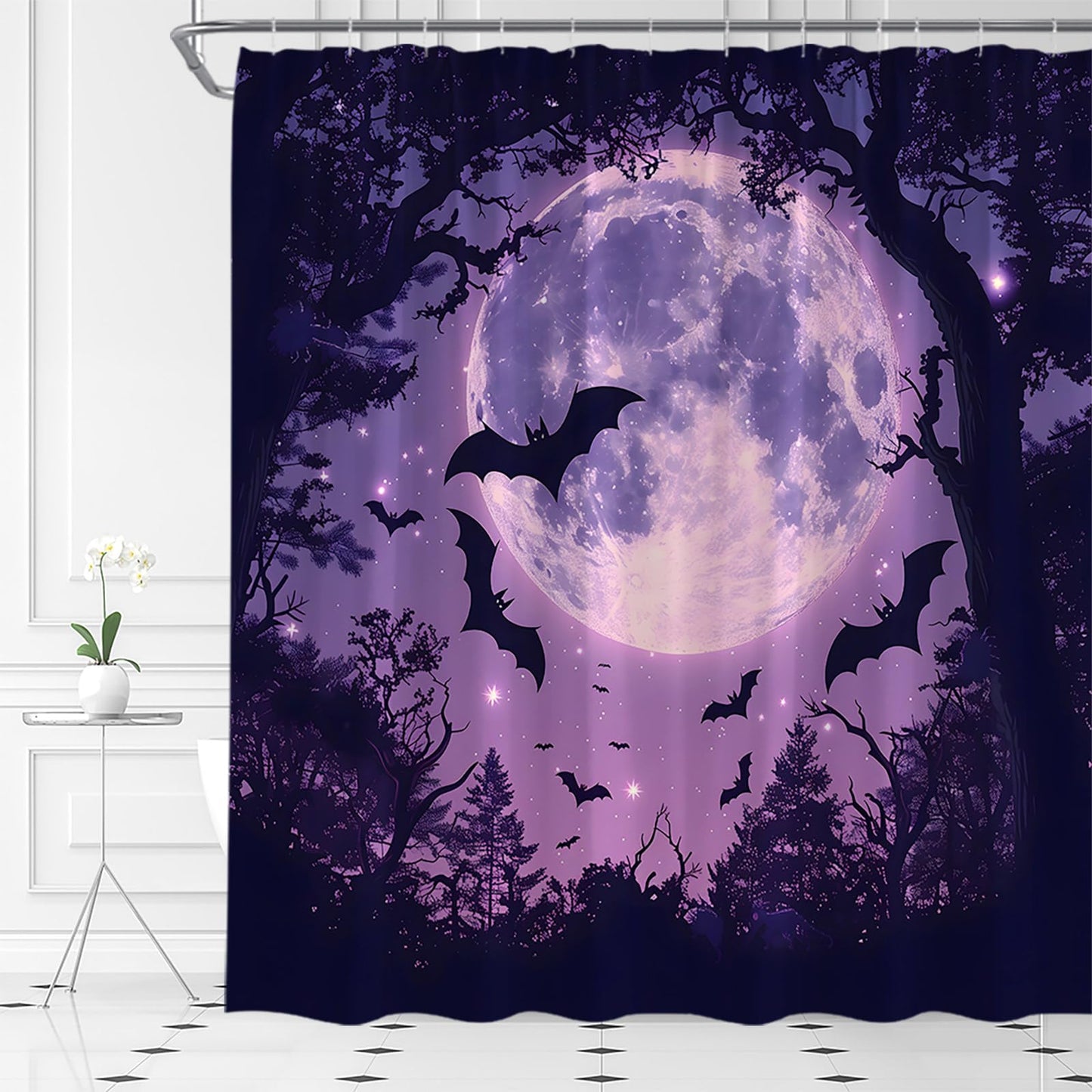 AMFD Spooky Halloween Shower Curtain Scary Bats Purple Black, 70" WX70 H