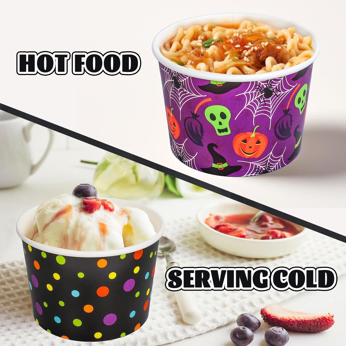 JarThenaAMCS 100 Pcs Halloween Snack Cups Pumpkin Skull Spider Web Dots Disposable Bowls 9oz Ice Cream Dessert Treat Paper Bowls for Hot Iced Food Birthday Trick or Treat Party Supplies