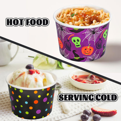 JarThenaAMCS 100 Pcs Halloween Snack Cups Pumpkin Skull Spider Web Dots Disposable Bowls 9oz Ice Cream Dessert Treat Paper Bowls for Hot Iced Food Birthday Trick or Treat Party Supplies
