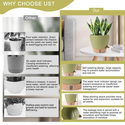 WEICHENGXING Plant Pots,12/10/9/8/ Inch Large Plastic Self Watering Flower Pots Indoor Outdoor with Drainage Holes, Deep Reservoir,Nursery Planting Pot for Indoor Out Door Plants