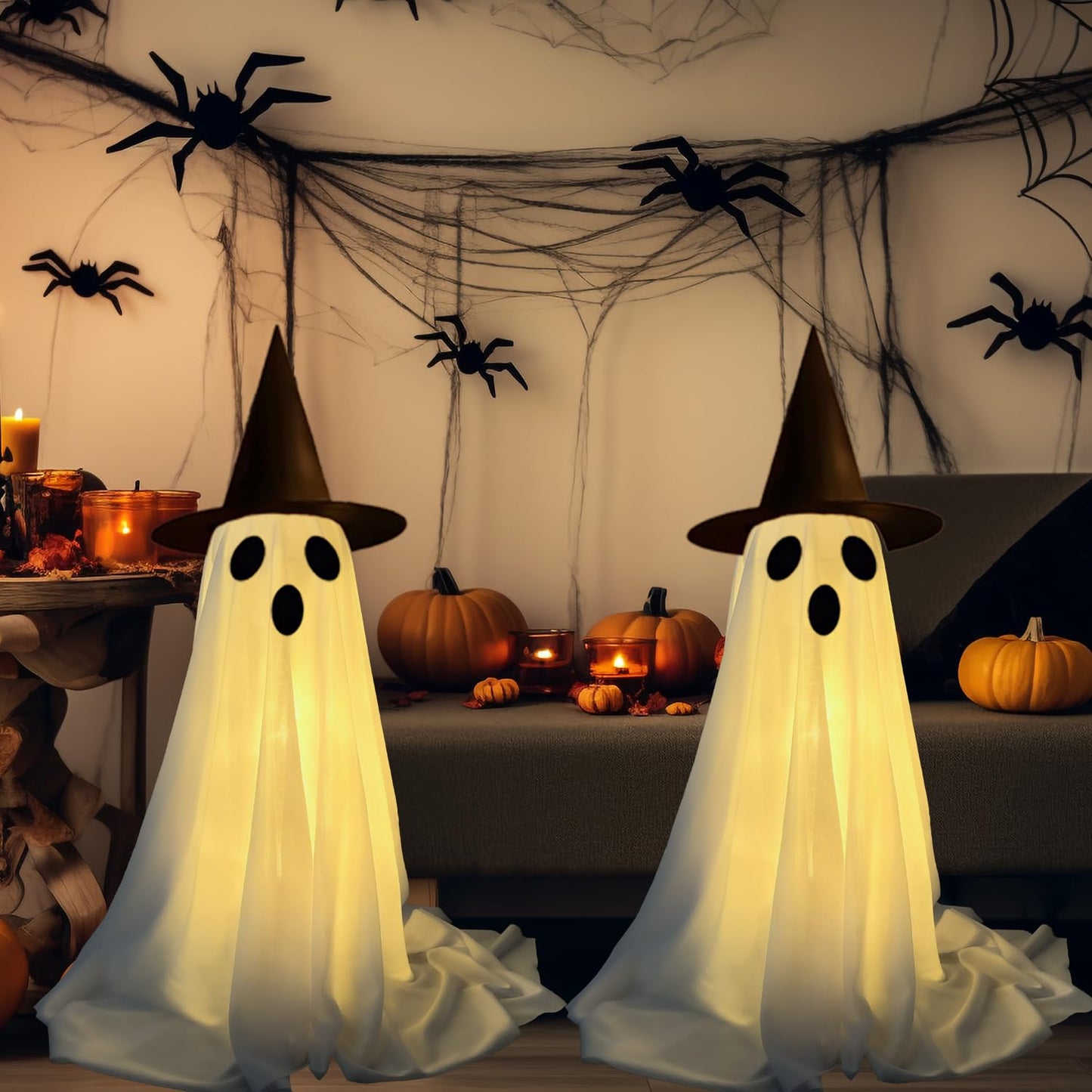 2Packs - Halloween Decorations Indoor, Spooky Ghost with String Lights Battery Operated, Upgraded More Sturdy Ghost Halloween Decorations（Warm White）