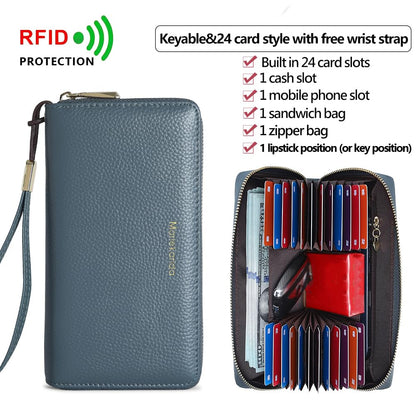Fashionable long RFID leather women's wallet, large capacity multi slot phone case, zipper closure, detachable wrist strap, hand-held wallet (Light Blue)