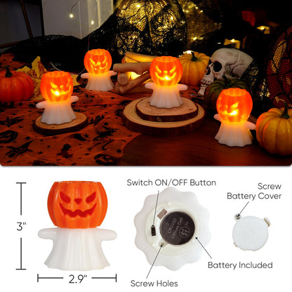 Homemory Real Wax Pumpkin Ghost Lamp, 4 Pcs Flickering Flameless Candles with 6hrs Timer, Spooky Halloween Pumpkin Candles, LED Battery Operated Lights for Home Halloween Decor, Theme Party