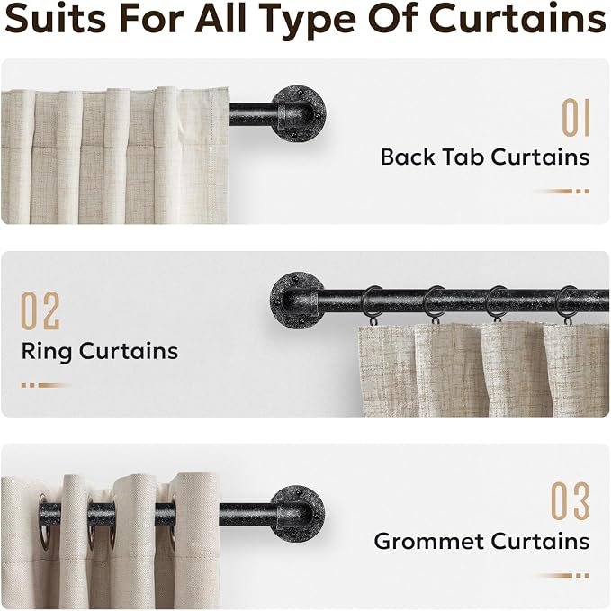 Zeerobee Curtain Rods for Windows 32 to 48, 1 Inch Industrial Wrap Around Vintage Black Curtain Rod, Indoor/Outdoor Room Divider Adjustable Drapery Pole, 32"-48"