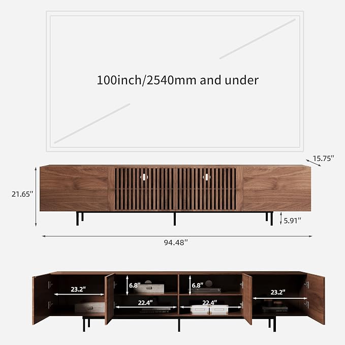 Mid-Century Modern 94.48" TV Stand and Expandable Coffee Table Set, Large Walnut Entertainment Center with Storage for Living Room and Bedroom Furniture Decor