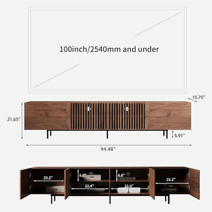 Mid-Century Modern 94.48" TV Stand and Expandable Coffee Table Set, Large Walnut Entertainment Center with Storage for Living Room and Bedroom Furniture Decor
