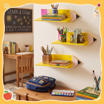 Fumete 3 Pcs Back to School Pencil Shaped Wall Shelves 9.8 x 4.7 x 3.5 Inches Wooden Pencil Theme Floating Shelf for Classroom Wall Bookshelf Organizer for Back to School Supplies Classroom Decor