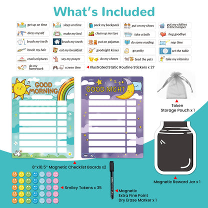 Magnetic Bedtime/Morning Routine Chart &Reward Jar for Kids -Toddler Morning Checklist Board,Daily Reward Routine Chart for Kids,Dry Erase Bedtime Reward Chart,Daily Schedule Chart at Home