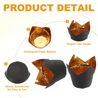 uxcell 50 Pcs Tulip Baking Cups Cupcake Muffins Liners Aluminum Foil Paper Greaseproof Wrappers for Weddings Birthday Party Festivals Christmas, Gold/White, Gold/Black