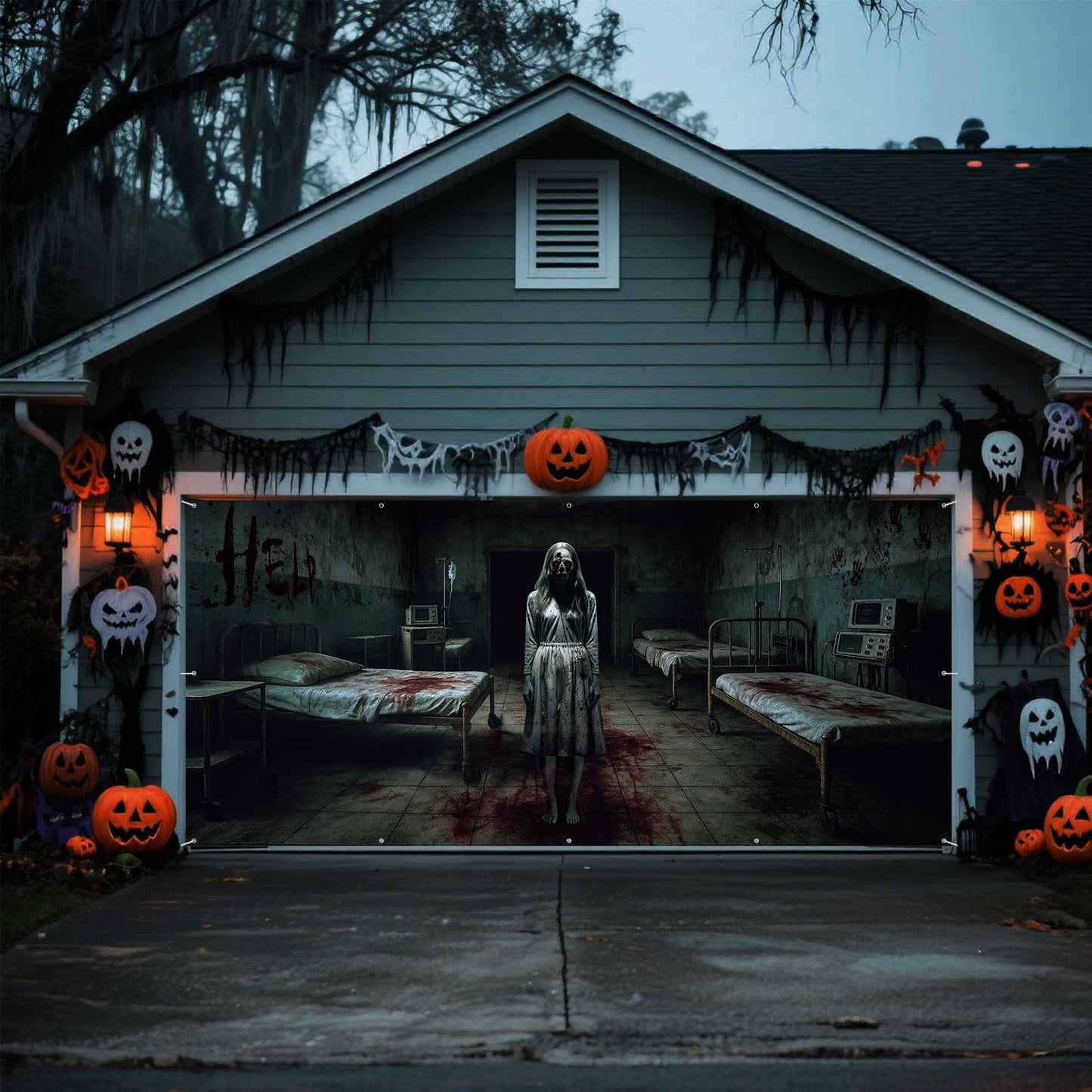 Blosssound 1 PCS Halloween Ghosts Garage Door Cover - 7 x 16 ft Hospital Haunted Buildings Zombies Backdrop Hanging Decorations for Halloween Photo Outdoor Home Party Booth