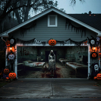 Blosssound 1 PCS Halloween Ghosts Garage Door Cover - 7 x 16 ft Hospital Haunted Buildings Zombies Backdrop Hanging Decorations for Halloween Photo Outdoor Home Party Booth
