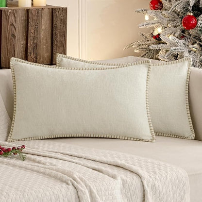 MIULEE Pack of 2 Lumbar Throw Pillow Covers 12x20 Inch Cream White Farmhouse Decorative Pillow Covers with Stitched Edge Soft Chenille Solid Dyed Pillow Covers for Couch Sofa Bed Living Room