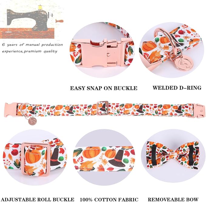 DOGWONG Fall Dog Collar with Bowtie - Fall Dog Collar Soft Cotton Autumn Dogs Necklace - Halloween Puppy Necklace for Small Medium Large Dogs