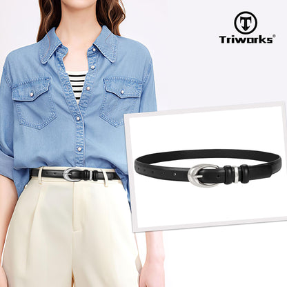 TRIWORKS 2 Pack Women Leather Belt for Jeans Pants Fashion Ladies Skinny Faux Leather Belt with Silver Buckle