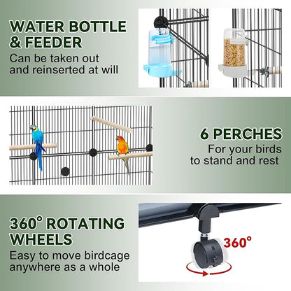 VISCOO Encrypted Bird Cage (46" x 36" x 12"), with Wooden Perches, Metal Parakeet Cage with Slide-Out Tray, Water Bottle&Feeder, Bird Cages for Parrot,Parakeets,Cockatiel,Small Mid-Sized Birds