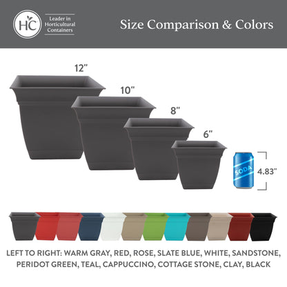 The HC Companies 6 Inch Eclipse Square Planter Pots w/Drainage Holes & Attached Saucer, Lightweight UV-Resistant Plastic Indoor Outdoor Planters, 4-Pack Flower Pots, Garden Home Decor, Peridot Green