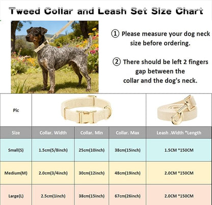Luxury Soft Cotton Tweed Fabric Dog Collar & Leash Set with Gold Buckle – Durable Fabric, Stylish Design for Everyday Walks(Large Cream)