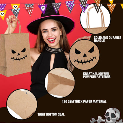 Yexiya 48 Pieces Kraft Halloween Paper Gift Bags Bulk Pumpkin Treat Bags with Handle Kraft Gift Wrap for Halloween Party Favor Supplies