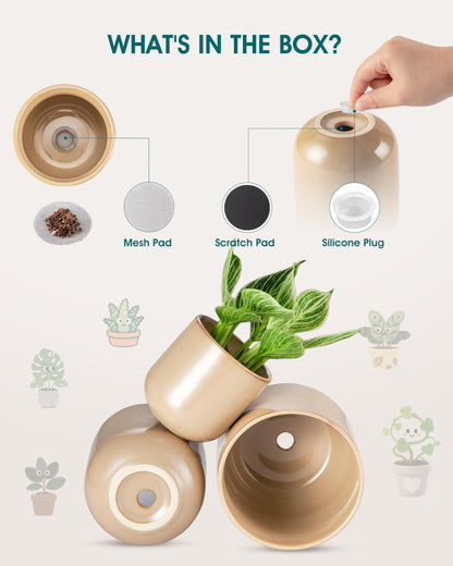 vancasso Ceramic Plant Pots, 4+5+6 inches, Set of 3, Planters with Drainage Hole, Flower Pots Planters Pots for Indoor Plants, Modern Indoor Decorative Garden Pot, Home Decor, Brown