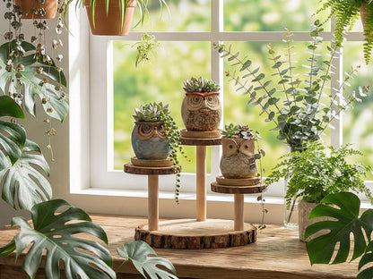 2.5"mini ceramic Cute Owl Animal Succulent Flower Pot Outdoor Bamboo Wooden Small Planter Stand Gift Set for Home,Office,Living Room,Bedroom Decoration,Windowsill,Indoor Desk,Kitchen Decor (3 Tier)