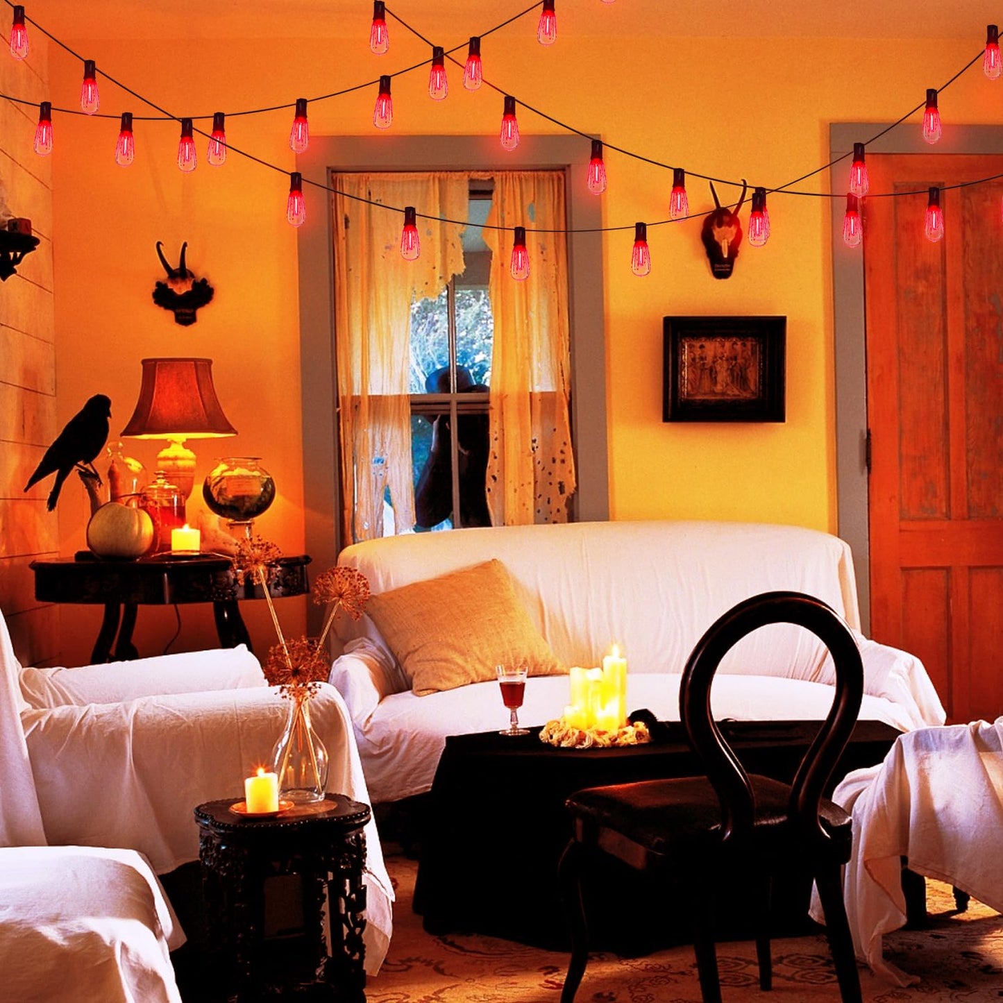 Abeja LED Flame String Lights, 10Ft ST40 Halloween Flicker Flame String Lights with 10 LED Flame Bloody Tears Bulbs, Hanging Outdoor Halloween Light for Patio Garden Party Backyard -Black