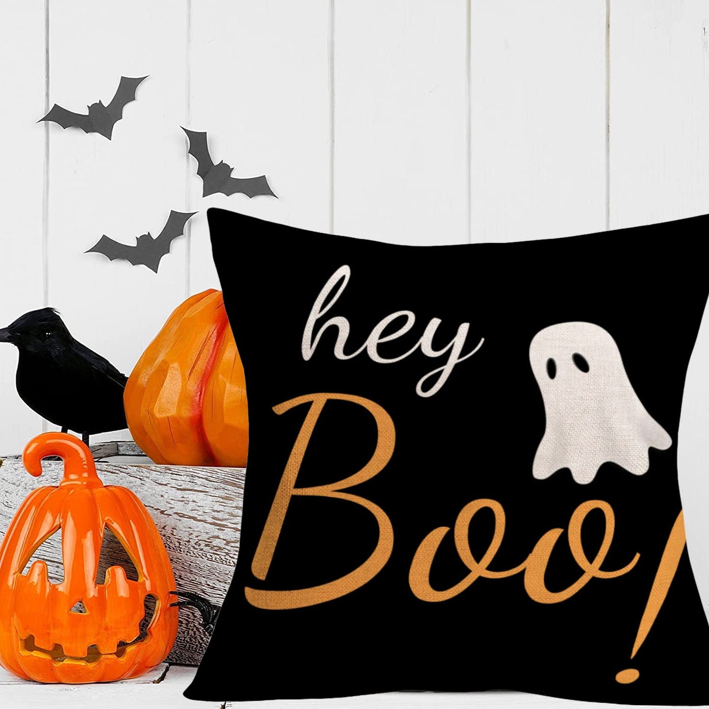 Easternproject Boo Halloween Decorative Pillow Covers Orange Black White Spooky Ghost with Hey Boo Throw Pillow Cases Square 22x22 Inch Cotton Linen Scary House Decor Cushion Cover