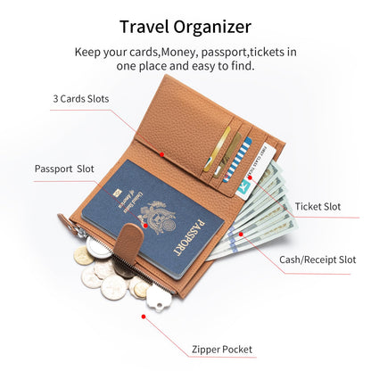 ilovever Passport wallet and Card Slot Combo RFID Blocking Slim Leather Travel Passport Wallet for Men and Women with Zippered Coins Pocket Passport holder, Brown
