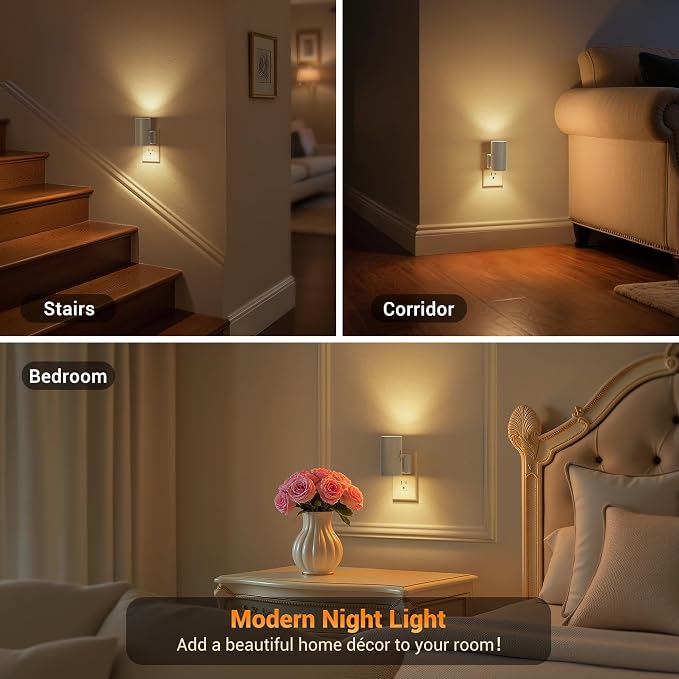 JandCase Night Lights Plug into Wall, Dimmable Gray Night Lights with Dusk to Dawn Light Sensor, Soft White 3000K, 0-100LM Adjustable Brightness Nightlight for Hallway Bathroom, 2 Pack